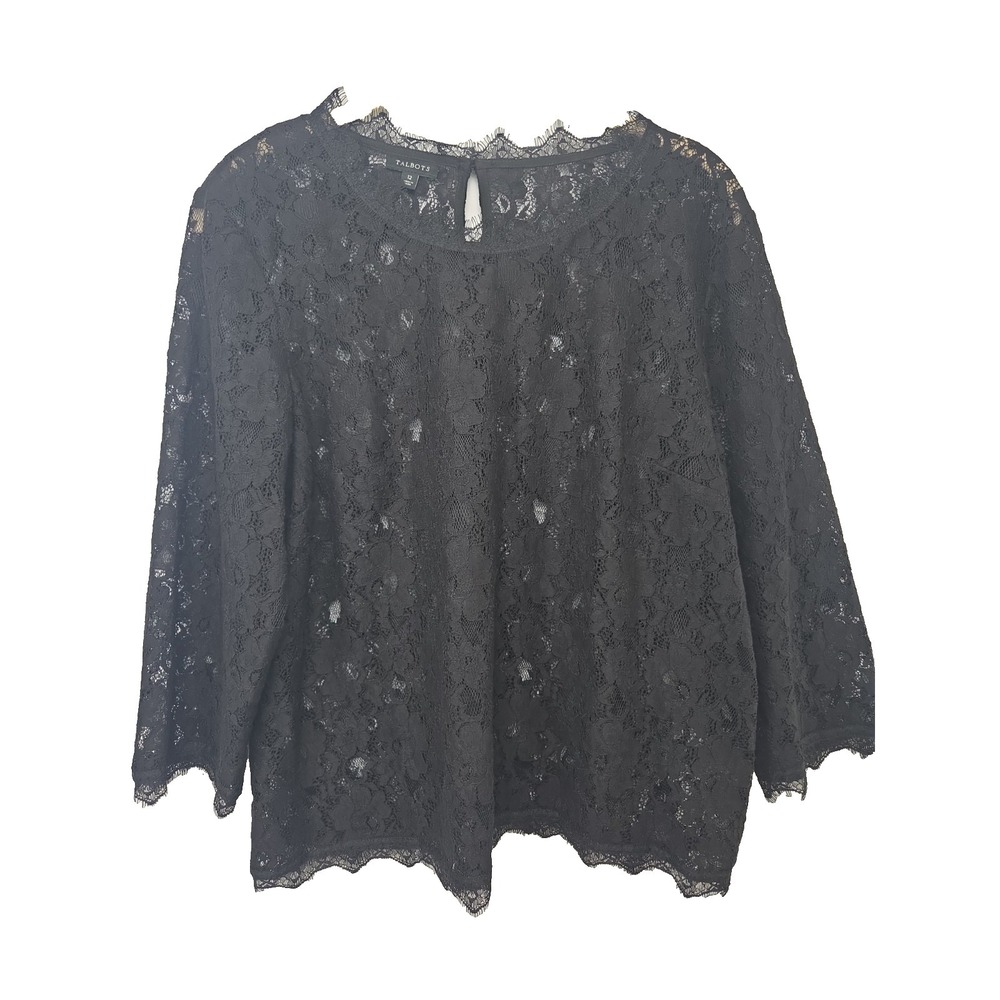 Talbots Size 12 Black All Over Lace 3/4 Sleeve Crop Blouse Top (SHELL)